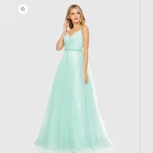 Green V-Neck Tulle Ballgown with Embellished Belt .